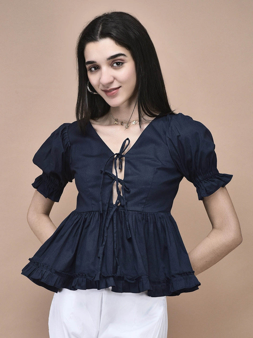 Ella Ruffle Tie-Front Peplum Top