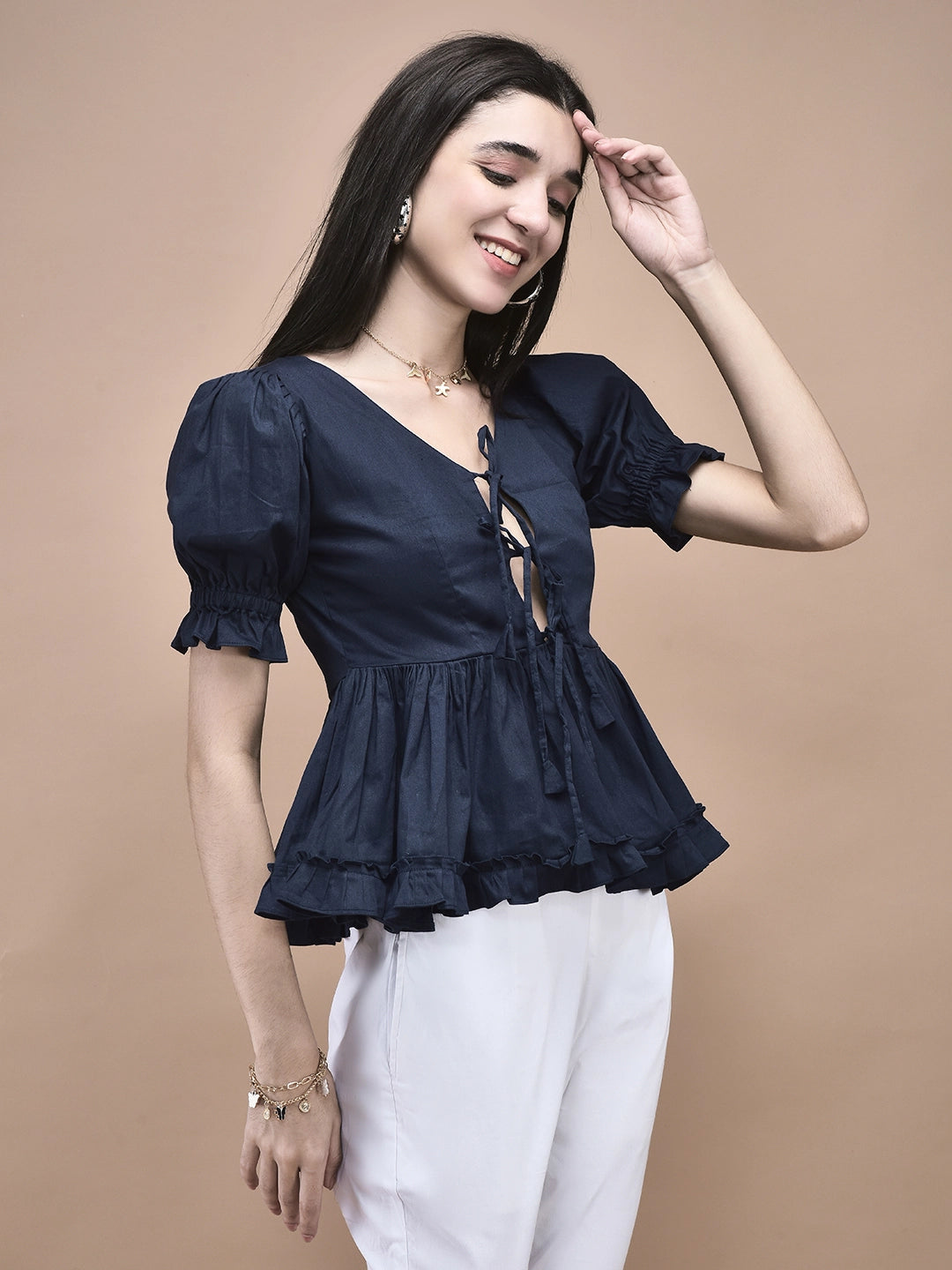 Ella Ruffle Tie-Front Peplum Top