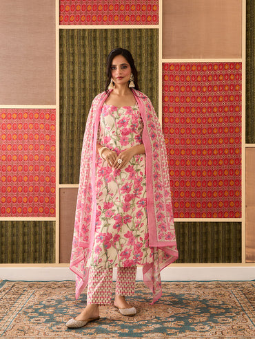 Gulnaar, Cream, Cotton Straight-Cut Set