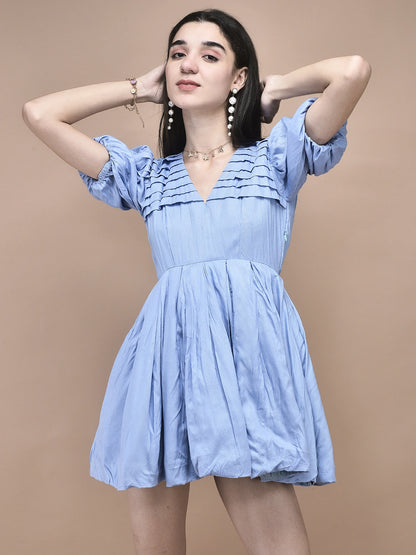 Hazel Powder Blue Pleated Puff Sleeve Dress