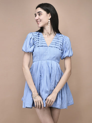 Hazel Powder Blue Pleated Puff Sleeve Dress