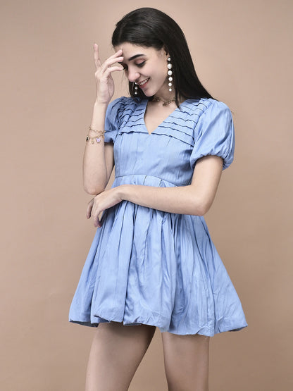 Hazel Powder Blue Pleated Puff Sleeve Dress