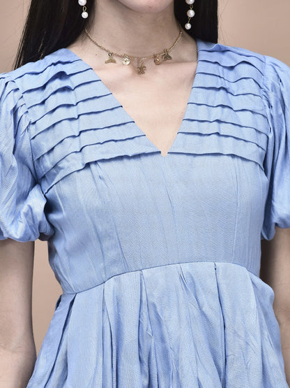 Hazel Powder Blue Pleated Puff Sleeve Dress