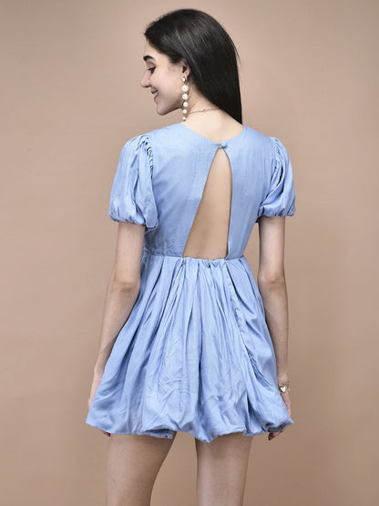 Hazel Powder Blue Pleated Puff Sleeve Dress