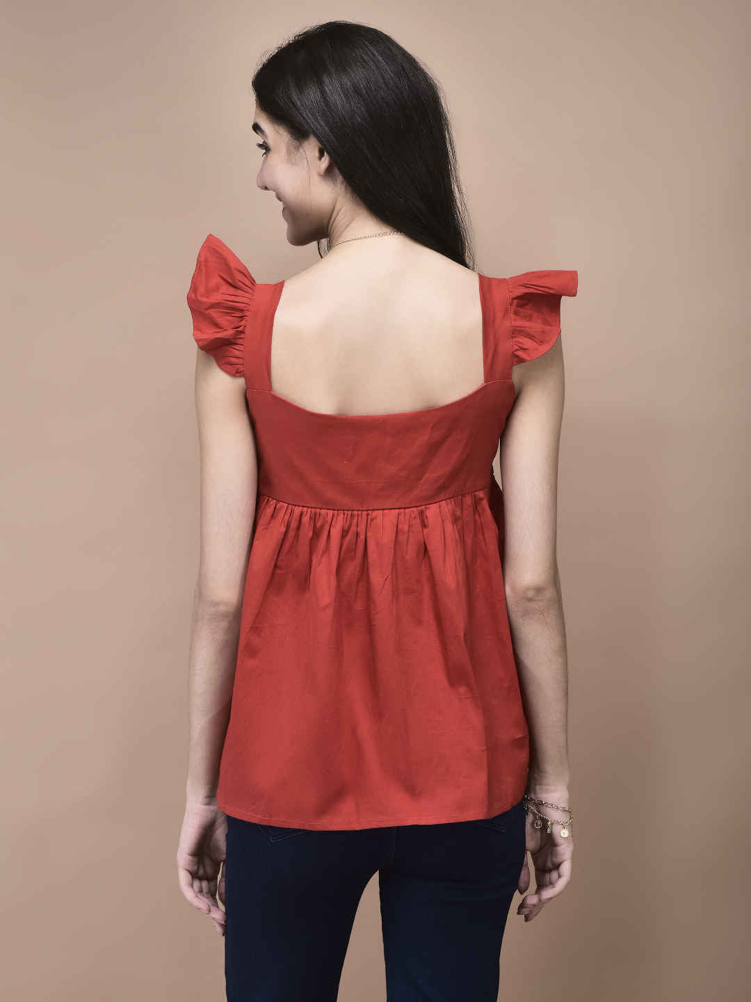 Astrid Red Ruffle Sleeve Button-Front Babydoll Top