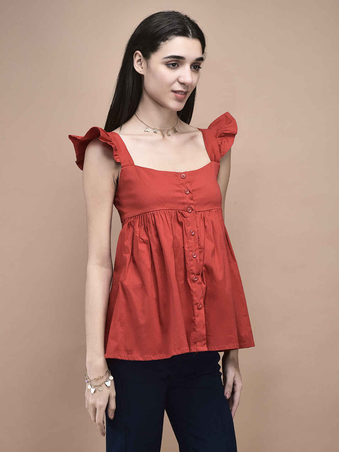 Astrid Red Ruffle Sleeve Button-Front Babydoll Top