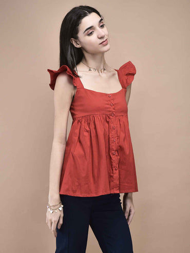 Astrid Red Ruffle Sleeve Button-Front Babydoll Top