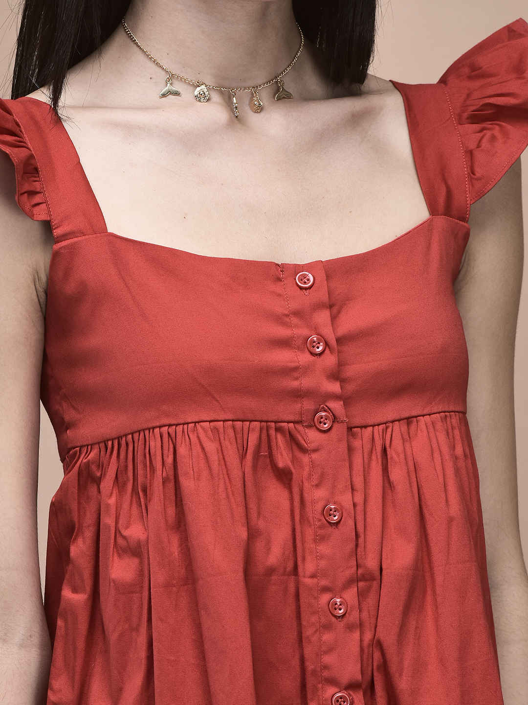 Astrid Red Ruffle Sleeve Button-Front Babydoll Top