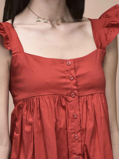 Astrid Red Ruffle Sleeve Button-Front Babydoll Top