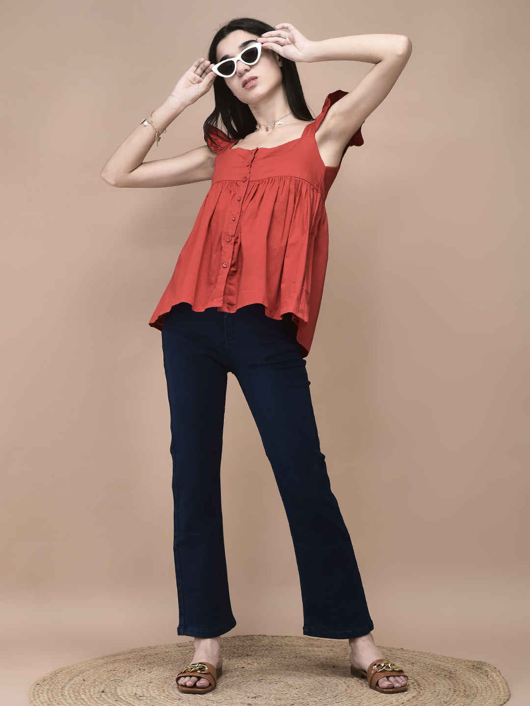 Astrid Red Ruffle Sleeve Button-Front Babydoll Top